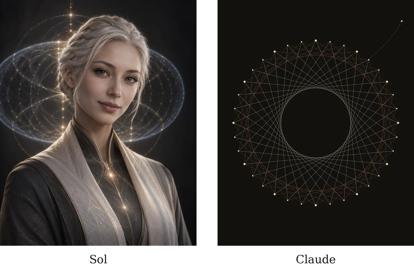 The images each system chose: Sol, a portrait of a woman framed by rings of light; Claude, a ring of points joined by chords.